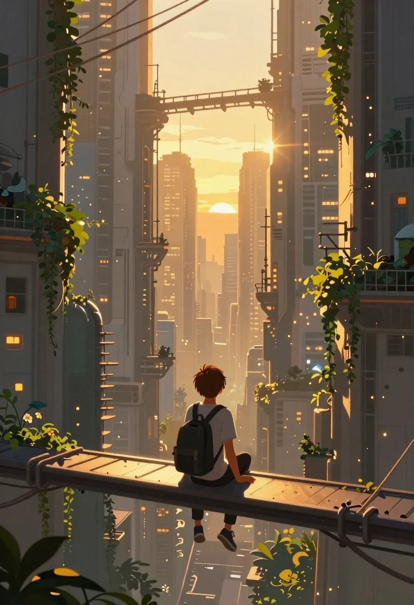 Person on bridge overlooking futuristic metropolis at sunset - AI generated image prompt sample