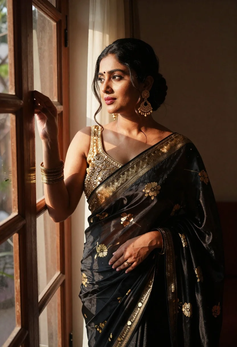 Woman in black saree by window with sunlight streaming through glass