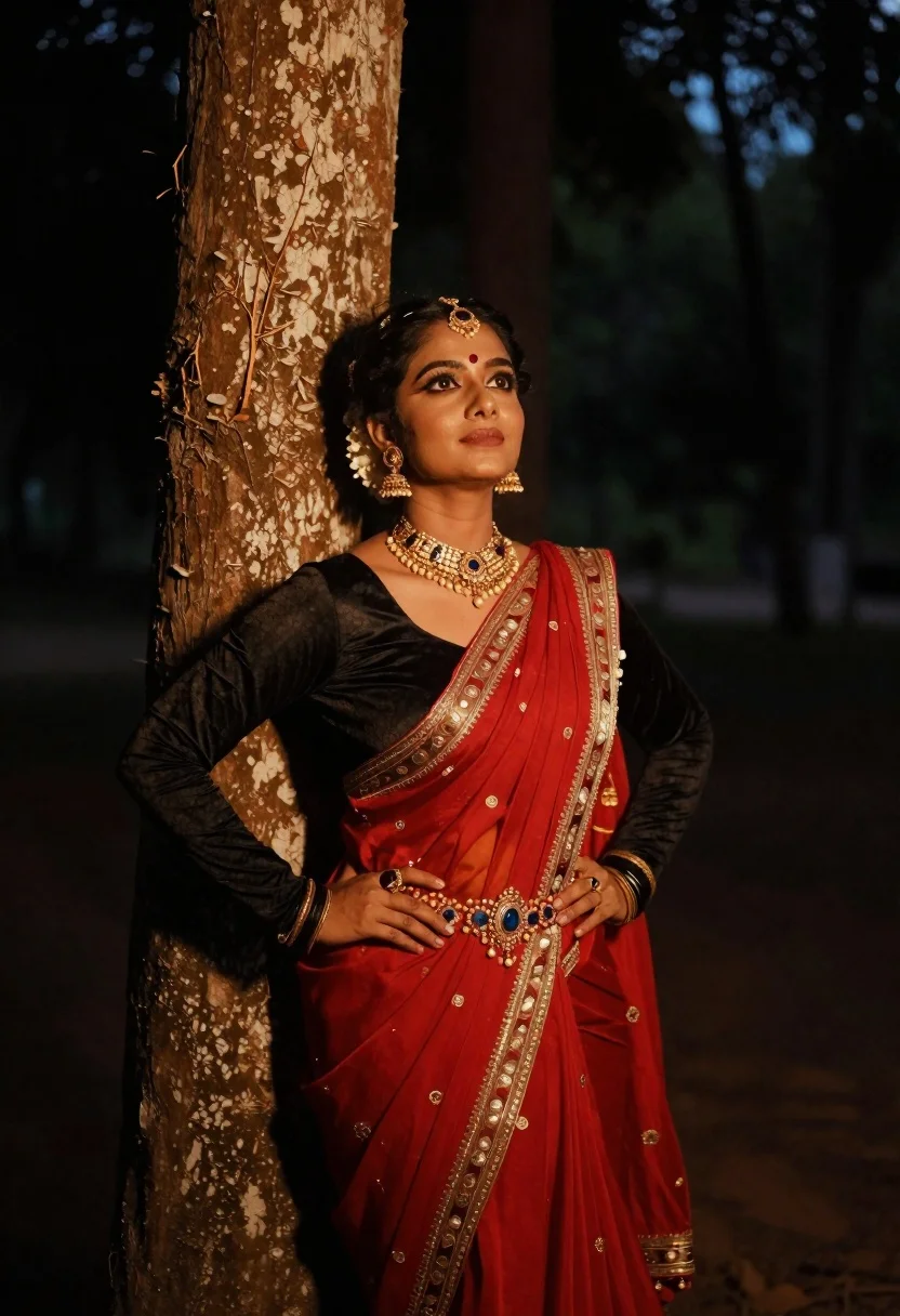 Woman in red sari standing by tree trunk at night outdoors