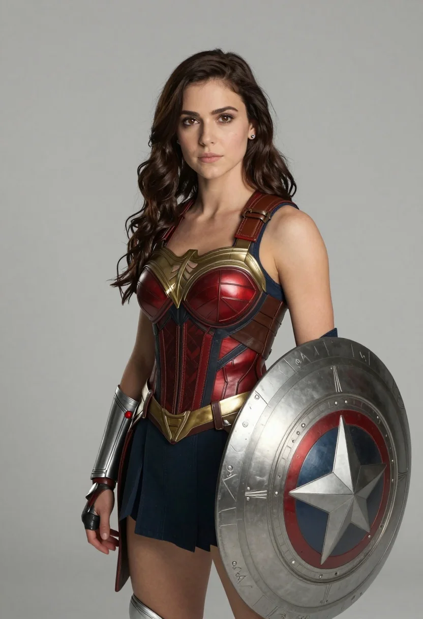 Photorealistic portrait of woman in red gold armor holding shield studio shot - AI generated image prompt sample