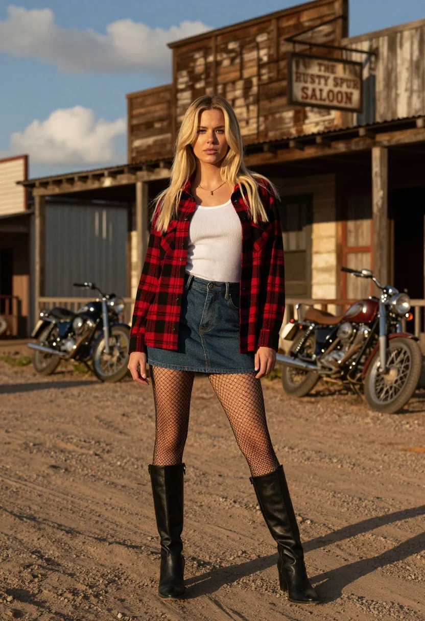 Blonde woman in plaid shirt on dirt road near rustic saloon motorcycles - AI generated image prompt sample