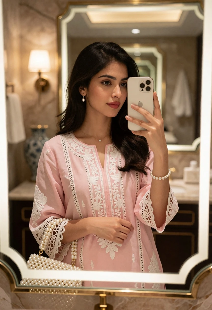 Close up mirror selfie of woman in pink tunic inside luxurious marble - AI generated image prompt sample