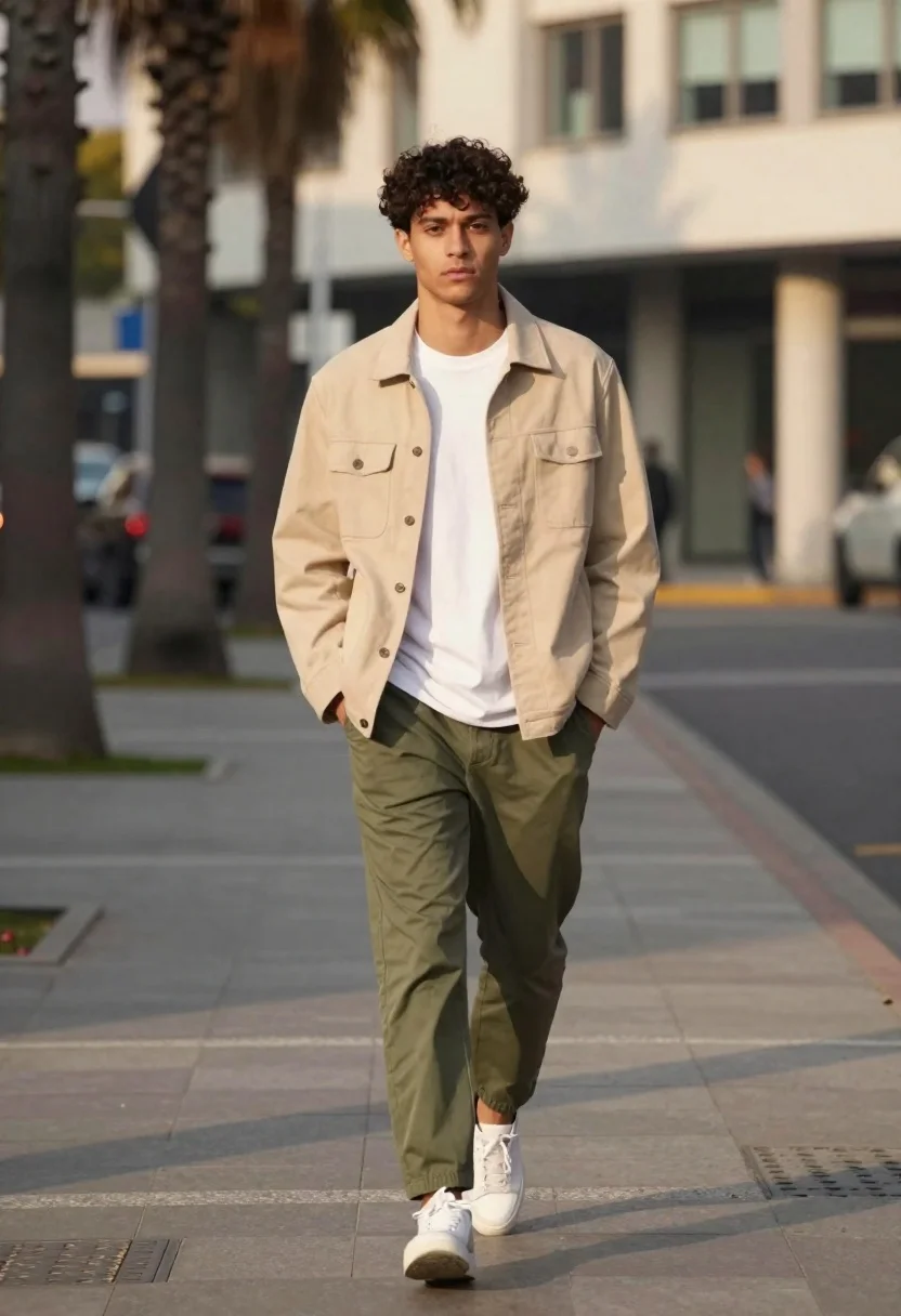 Young man walking on city street with modern buildings in background - AI generated image prompt sample