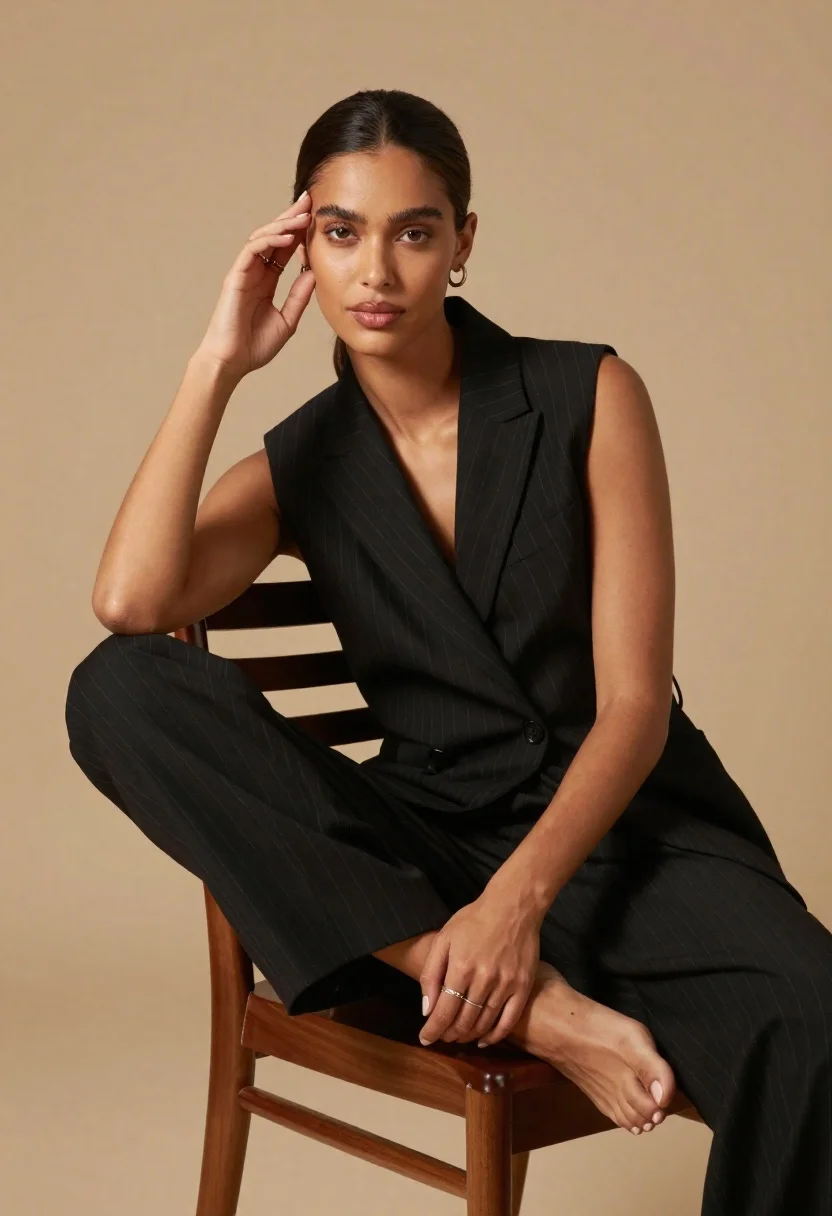 Poised dark skinned woman in black blazer sitting on wooden chair