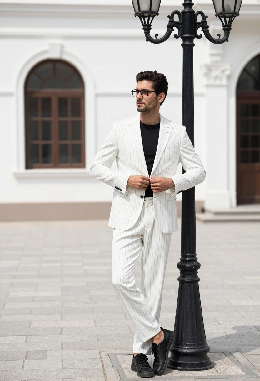 Stylish man in white pinstripe suit by vintage lamppost in urban plaza - AI generated image prompt sample