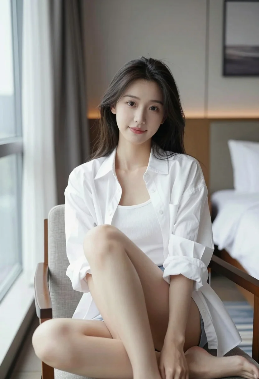 Young east asian woman in white shirt sitting casually in modern hotel - AI generated image prompt sample