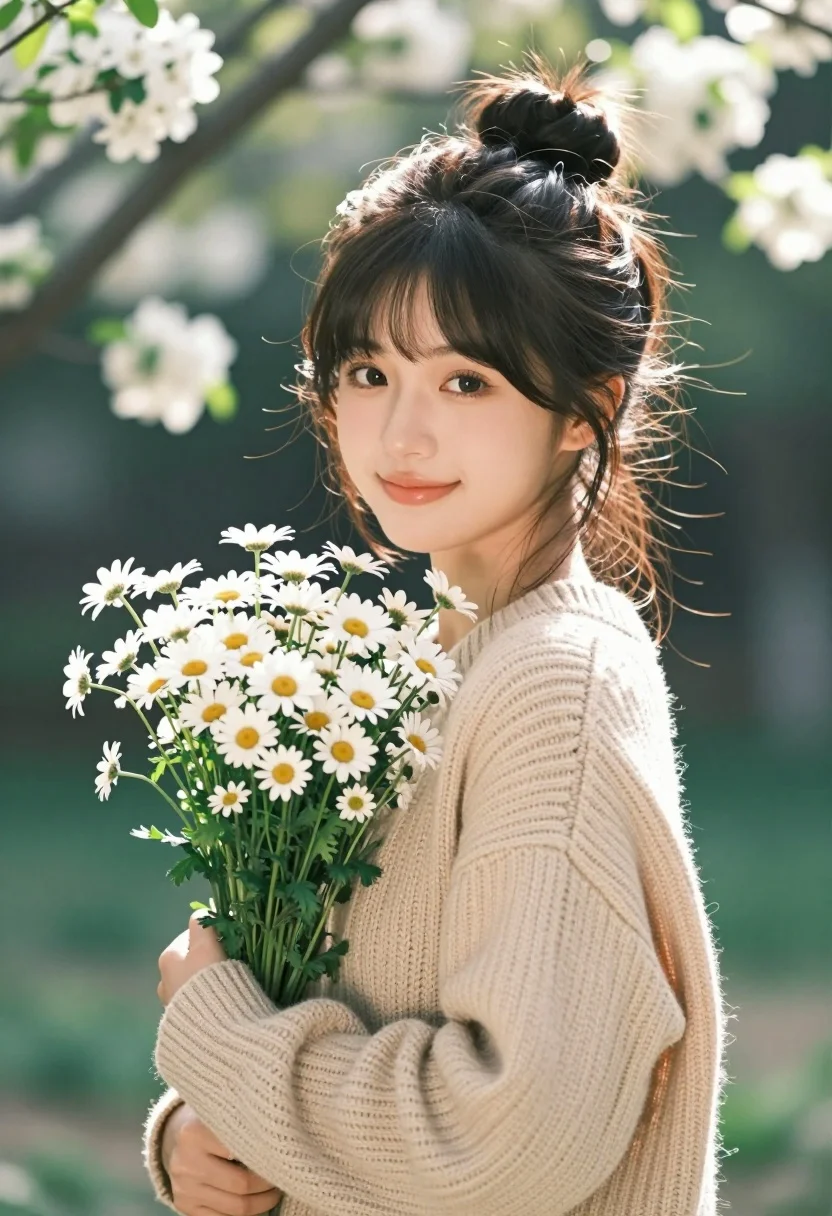 Young woman in beige sweater holding white daisies in lush green garden - AI generated image prompt sample
