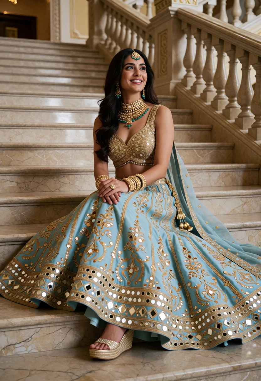 Woman in elaborate lehenga choli sitting on wide marble staircase interior - AI generated image prompt sample