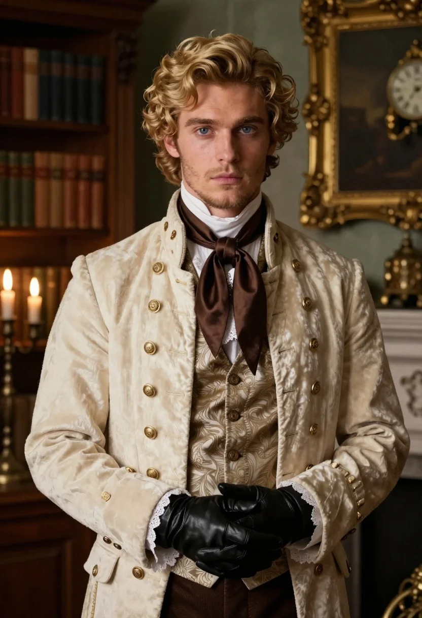Handsome young man in historic velvet jacket standing in dimly lit room - AI generated image prompt sample