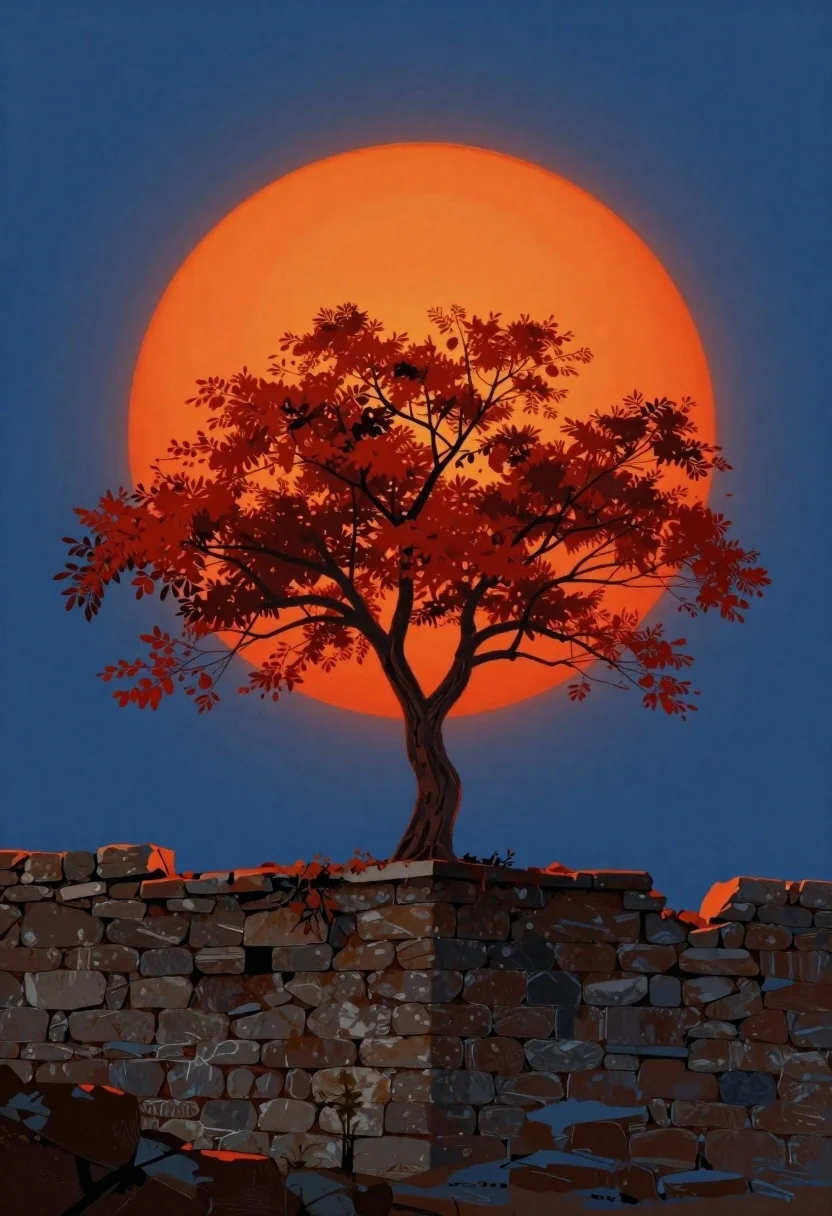Tree with red leaves on stone wall under orange sun