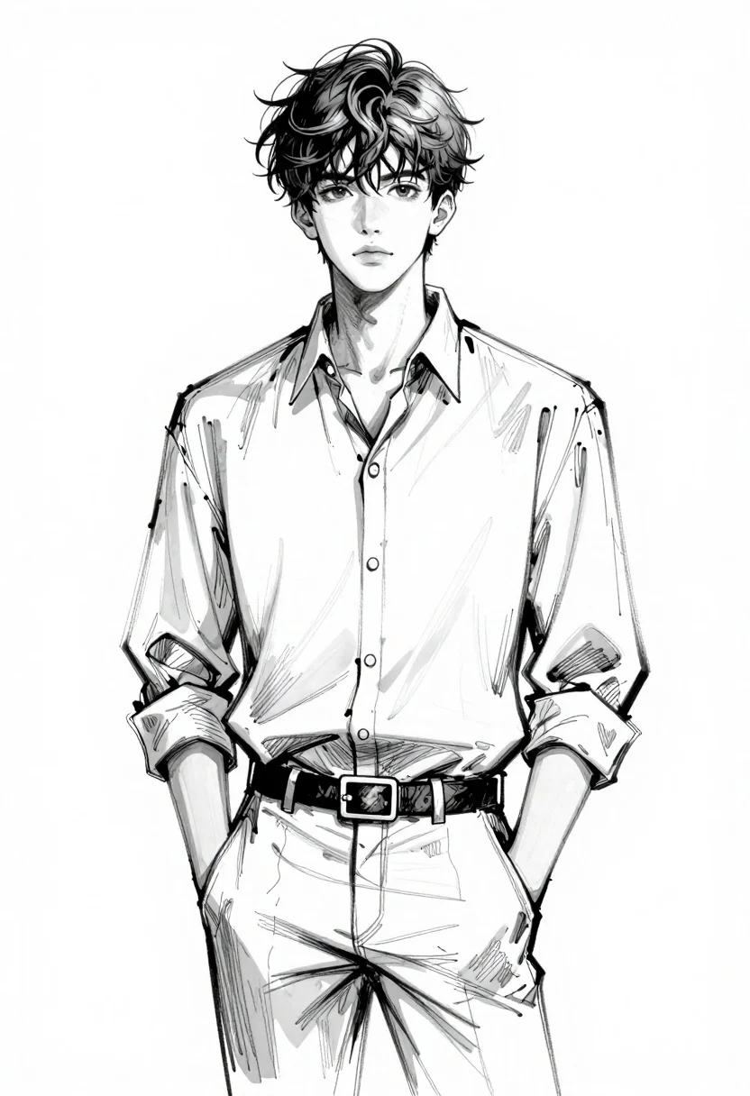 Monochromatic sketch of young man with tousled hair against white background - AI generated image prompt sample