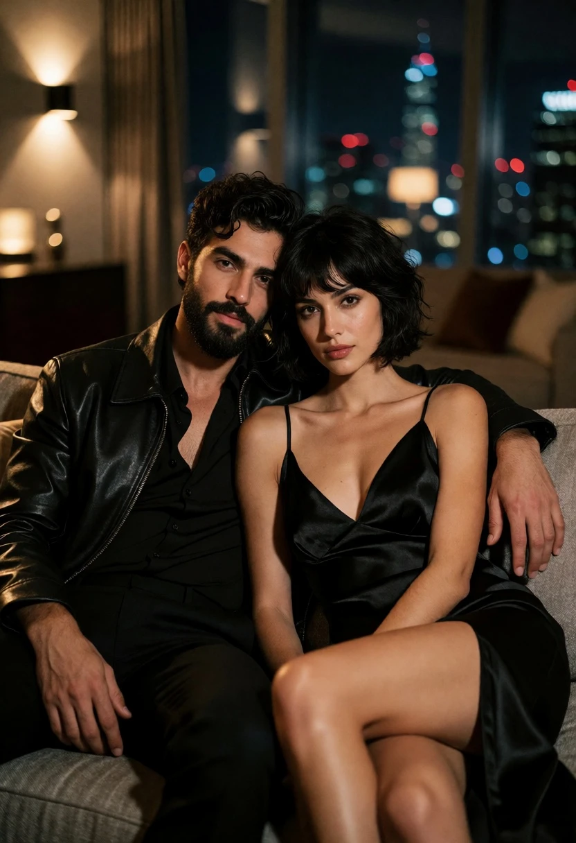 Romantic couple portrait on sofa overlooking blurred city skyline at night - AI generated image prompt sample