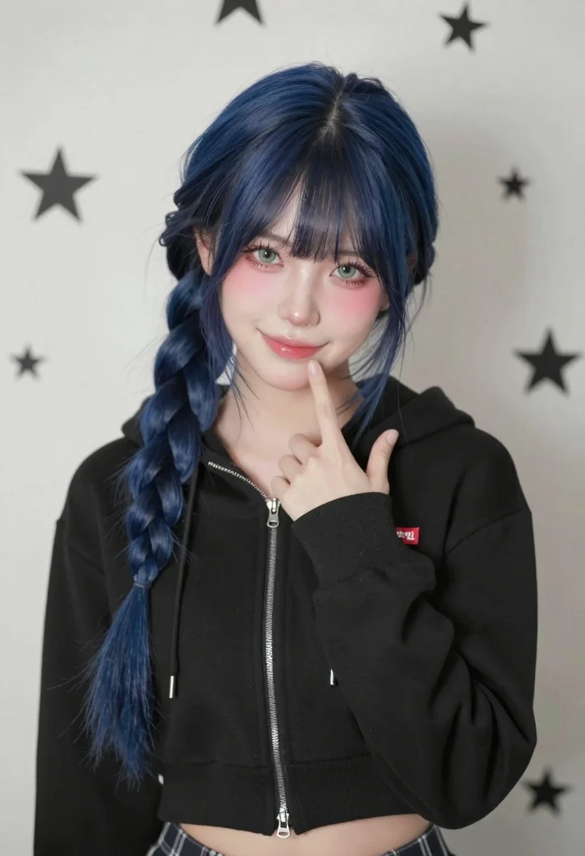 Portrait of young woman with blue hair in black hoodie against star - AI generated image prompt sample