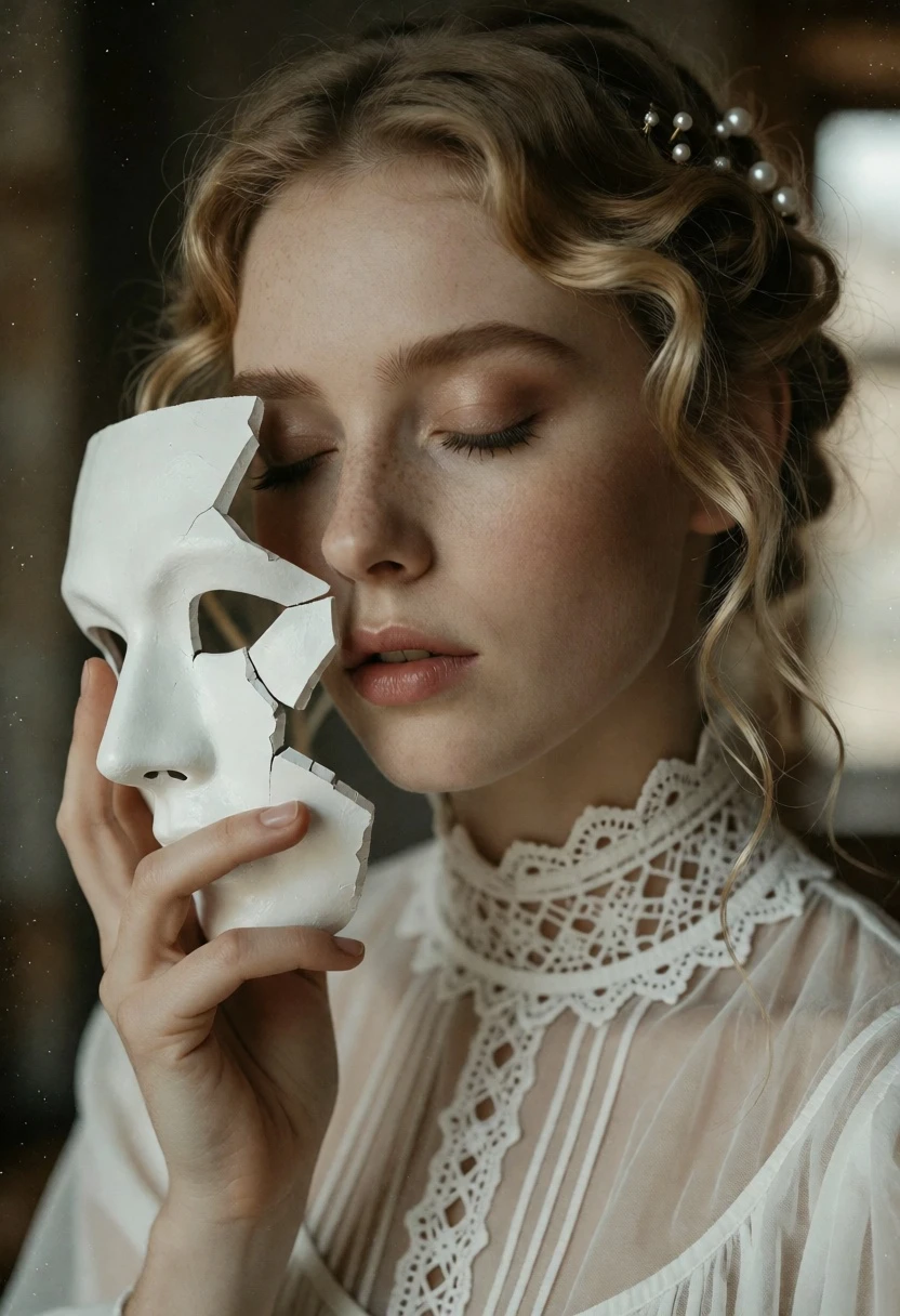 Closeup portrait of blonde woman holding cracked white mask indoors - AI generated image prompt sample