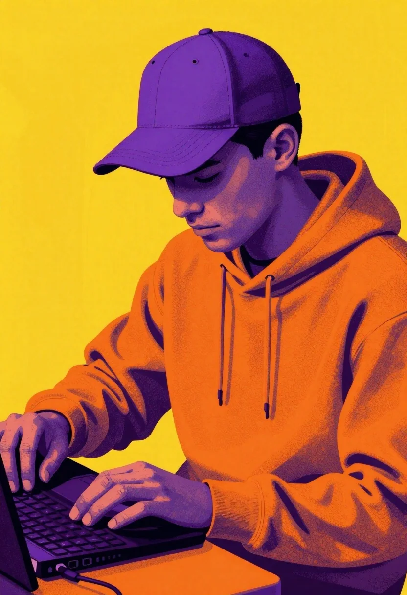 Pop art figure in orange hoodie and purple cap