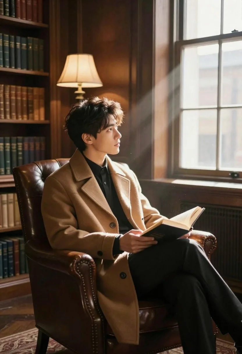 Young man reading book in leather armchair inside traditional library - AI generated image prompt sample
