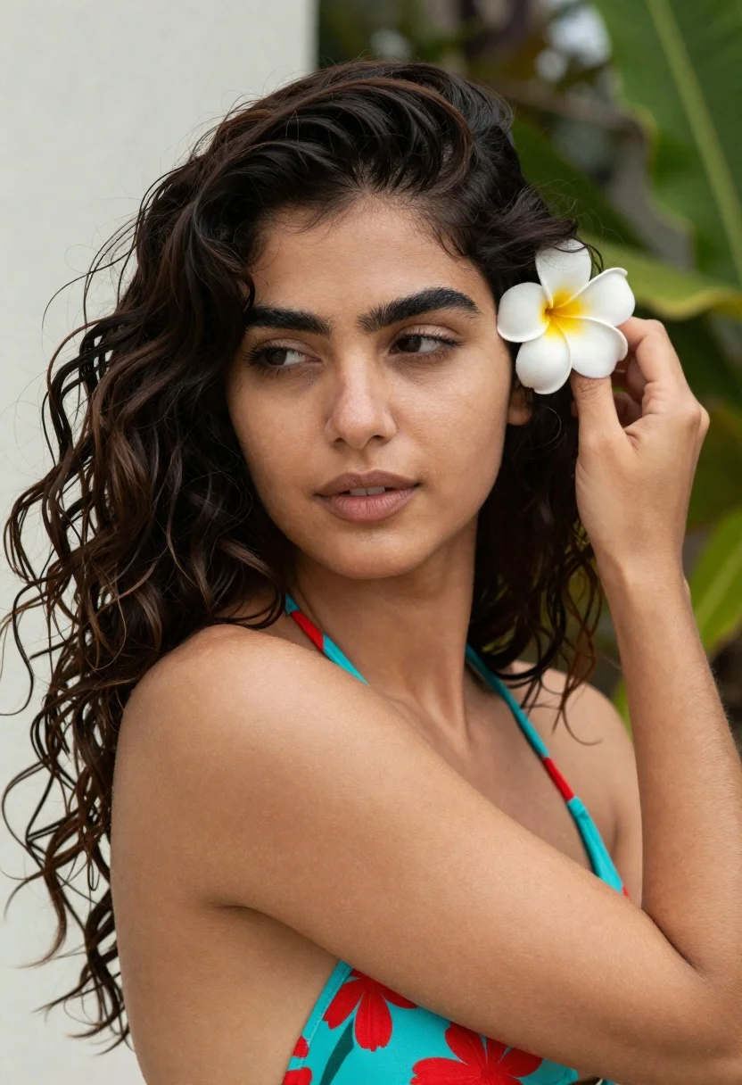 Close up portrait of young woman with dark hair and flower