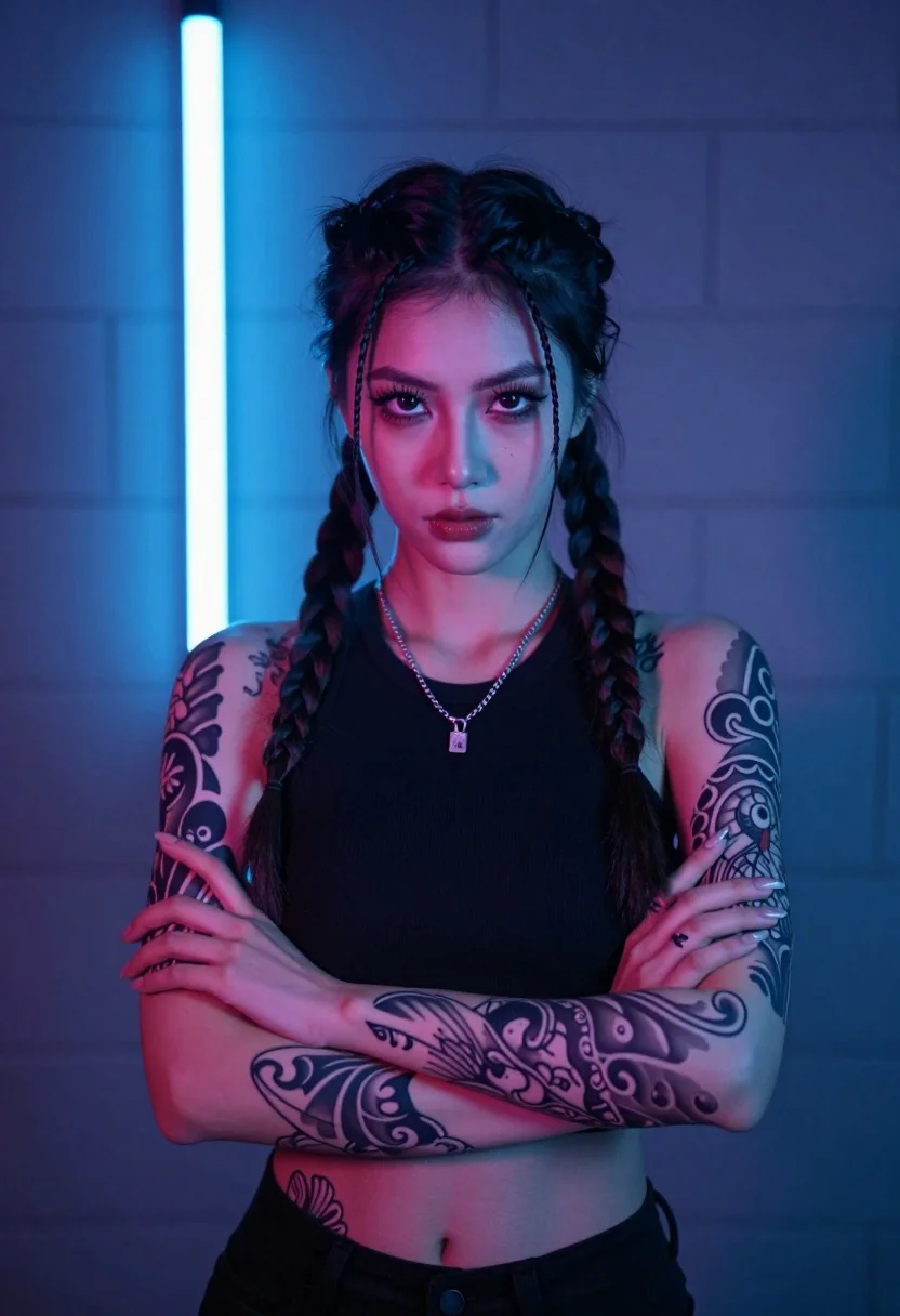 Portrait of young woman with braids tattoos in dimly lit room - AI generated image prompt sample