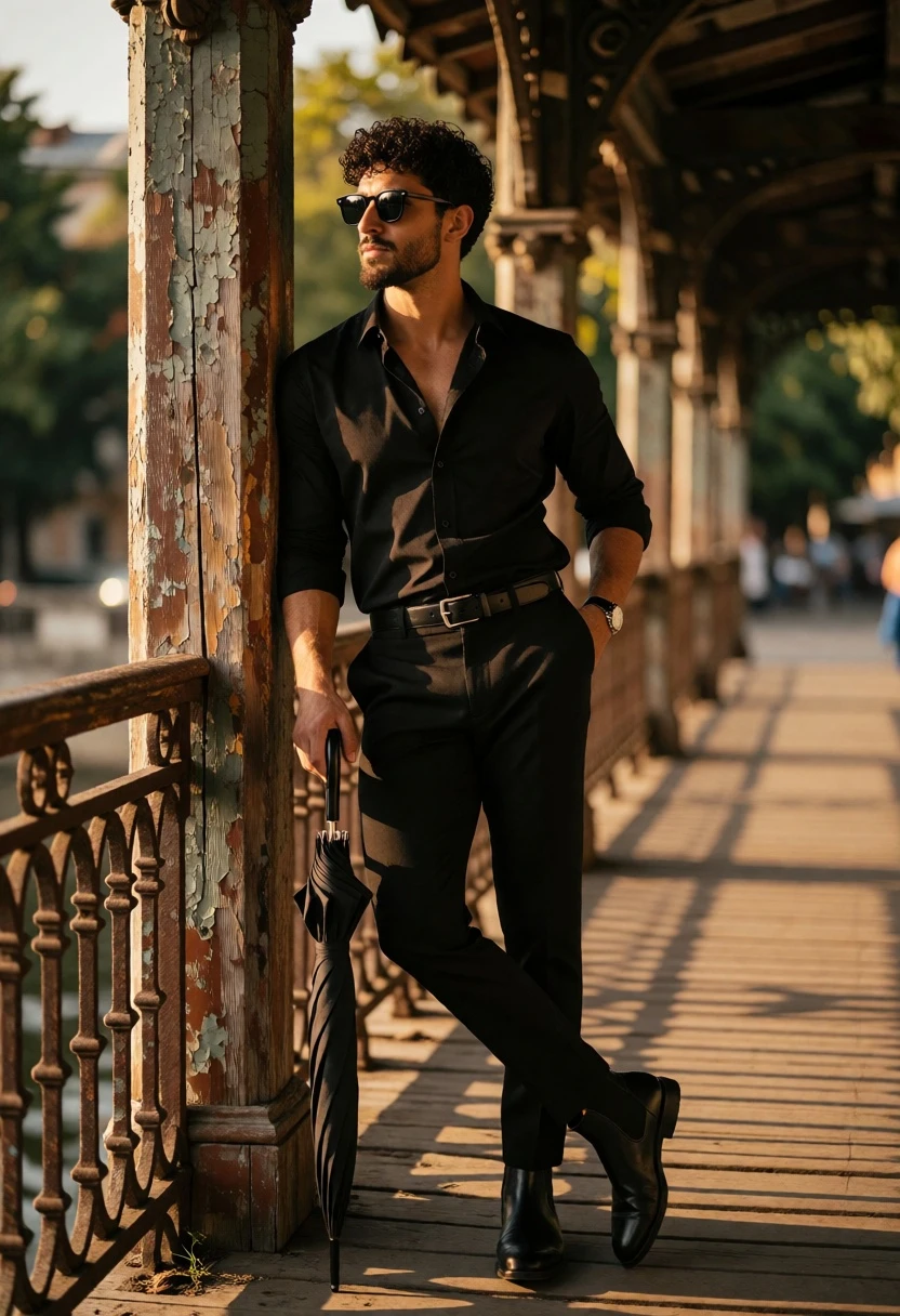 Stylish man leaning on pillar in covered walkway during golden hour - AI generated image prompt sample