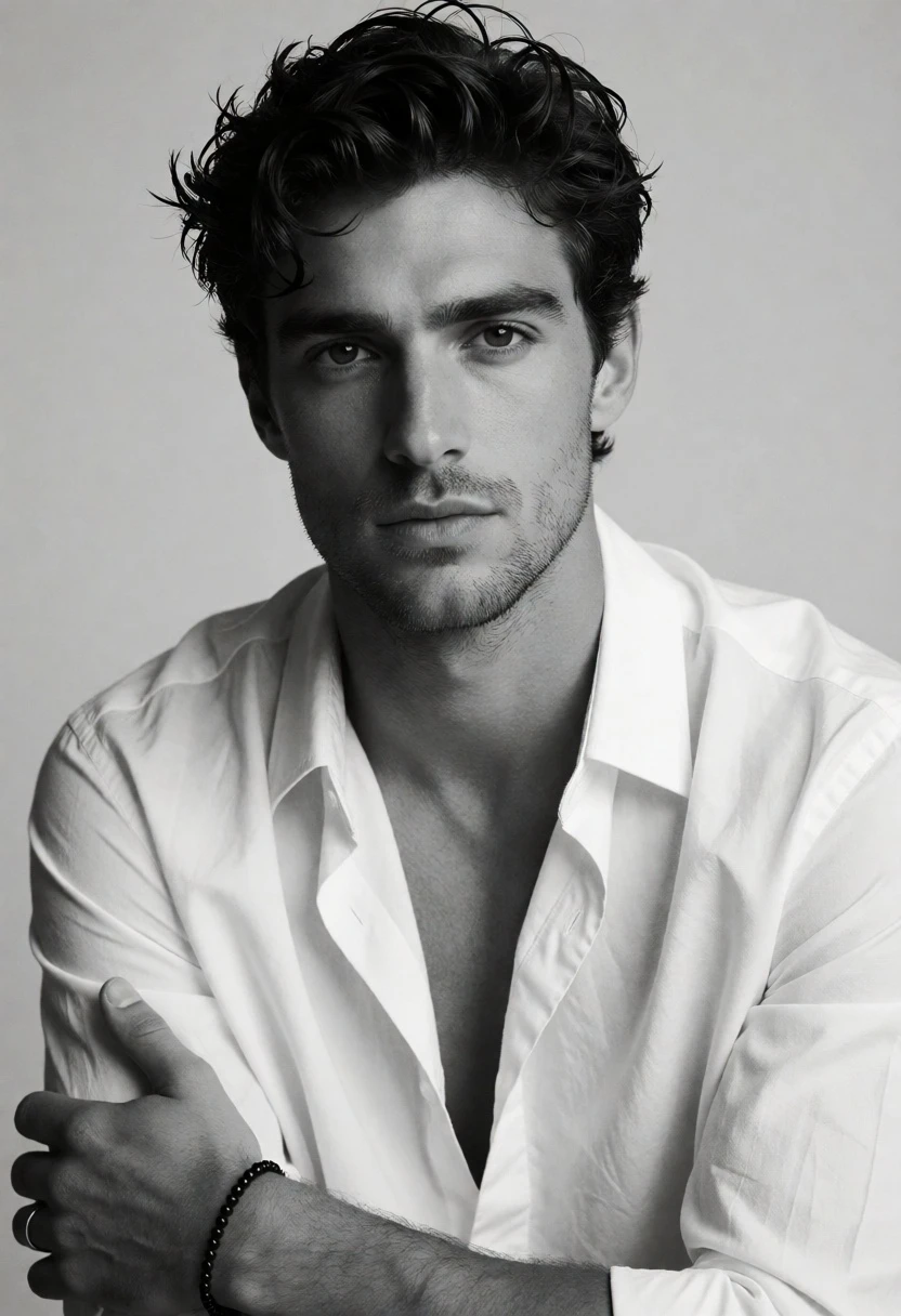 Black and white studio portrait of handsome man with wavy hair - AI generated image prompt sample