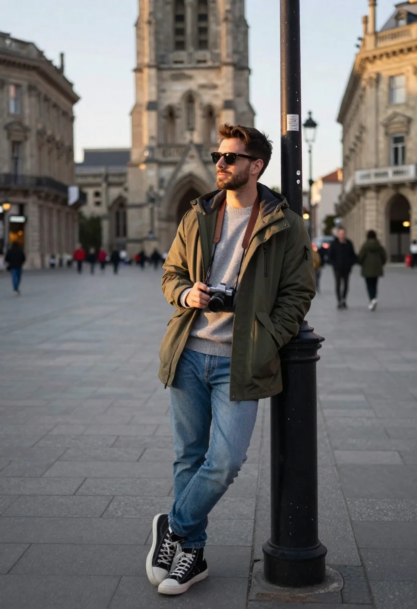 Stylish man leaning against lamppost in historic city square