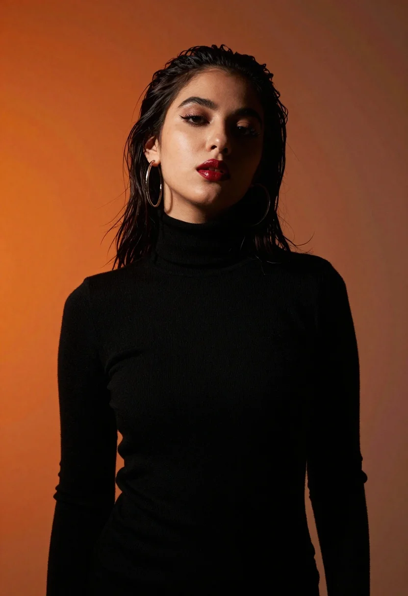 Moody portrait of woman with dark hair against orange background - AI generated image prompt sample