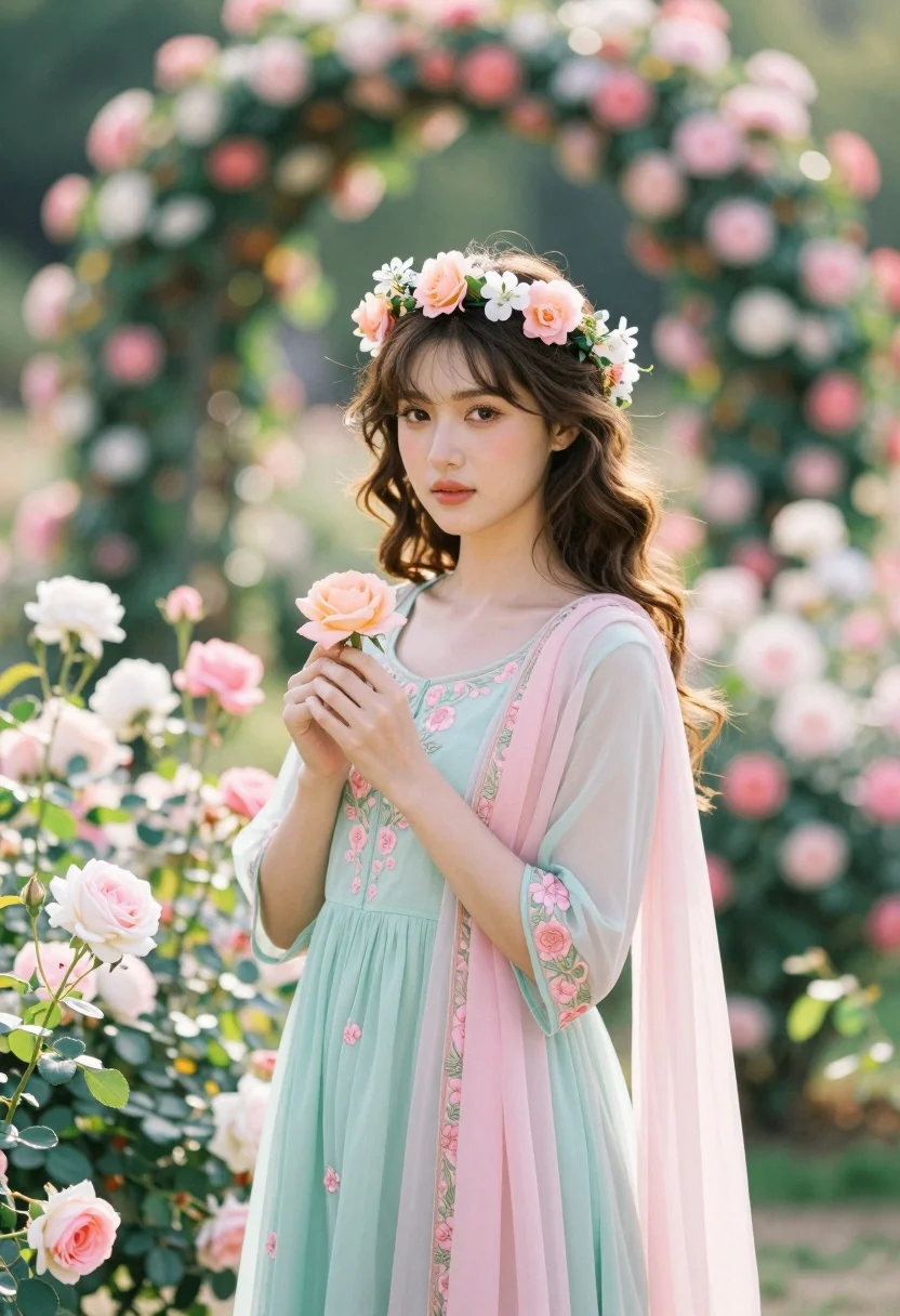 Young woman in mint green dress holding rose in lush blooming garden - AI generated image prompt sample
