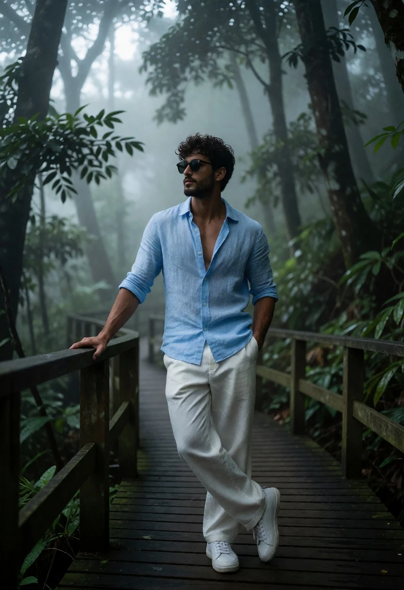 Man on wooden boardwalk in misty forest with soft diffused lighting - AI generated image prompt sample