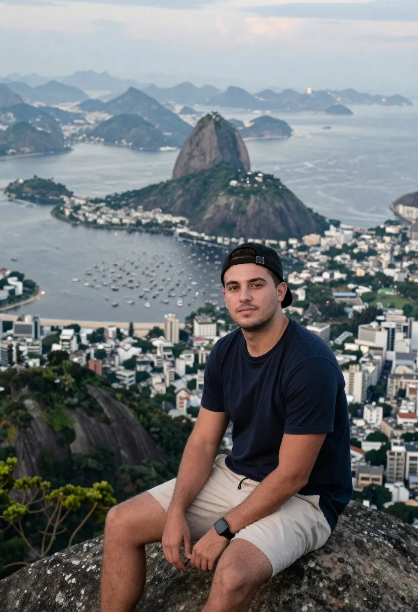 Man sitting on mountain peak overlooking rio de janeiro