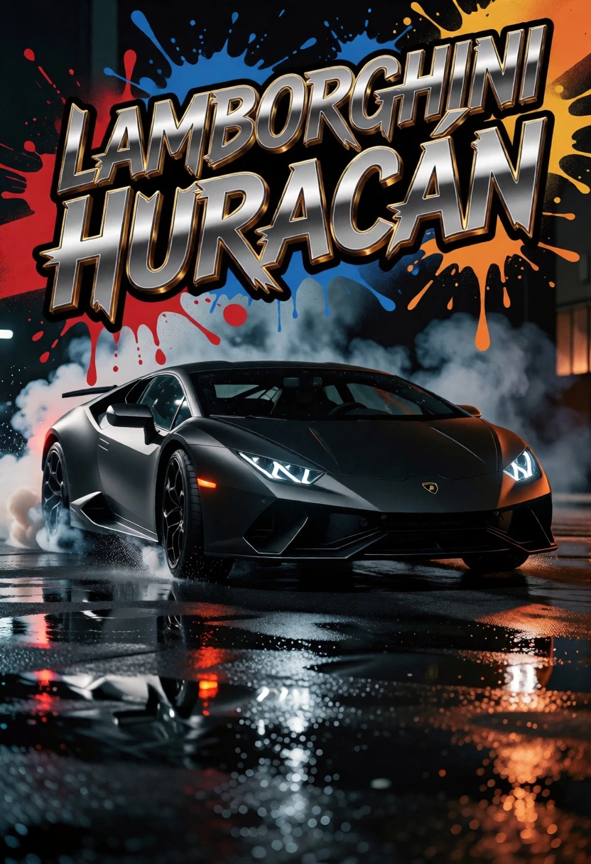 Matte black supercar drifting on wet asphalt with smoke and graffiti art - AI generated image prompt sample