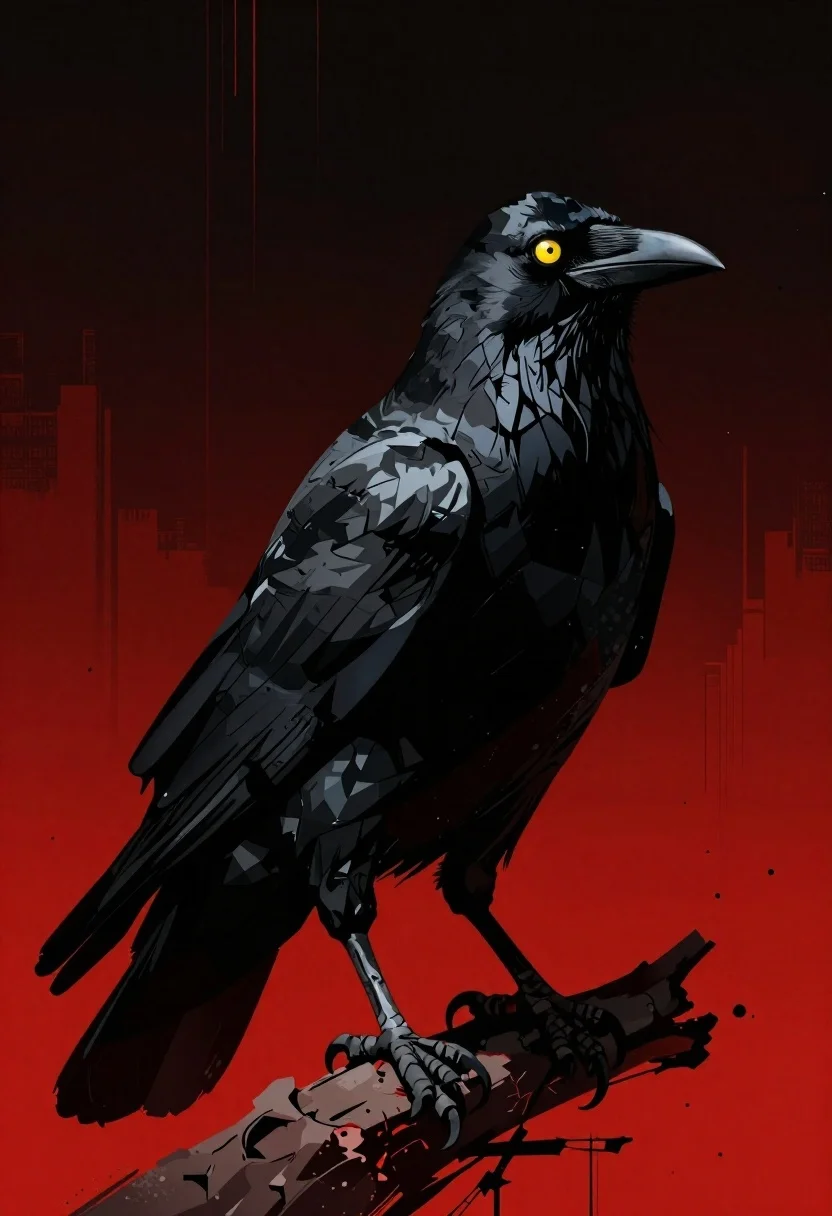 Menacing black crow on a red and black backdrop