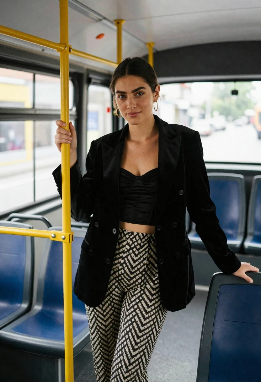 Young woman in black blazer standing inside public transit bus