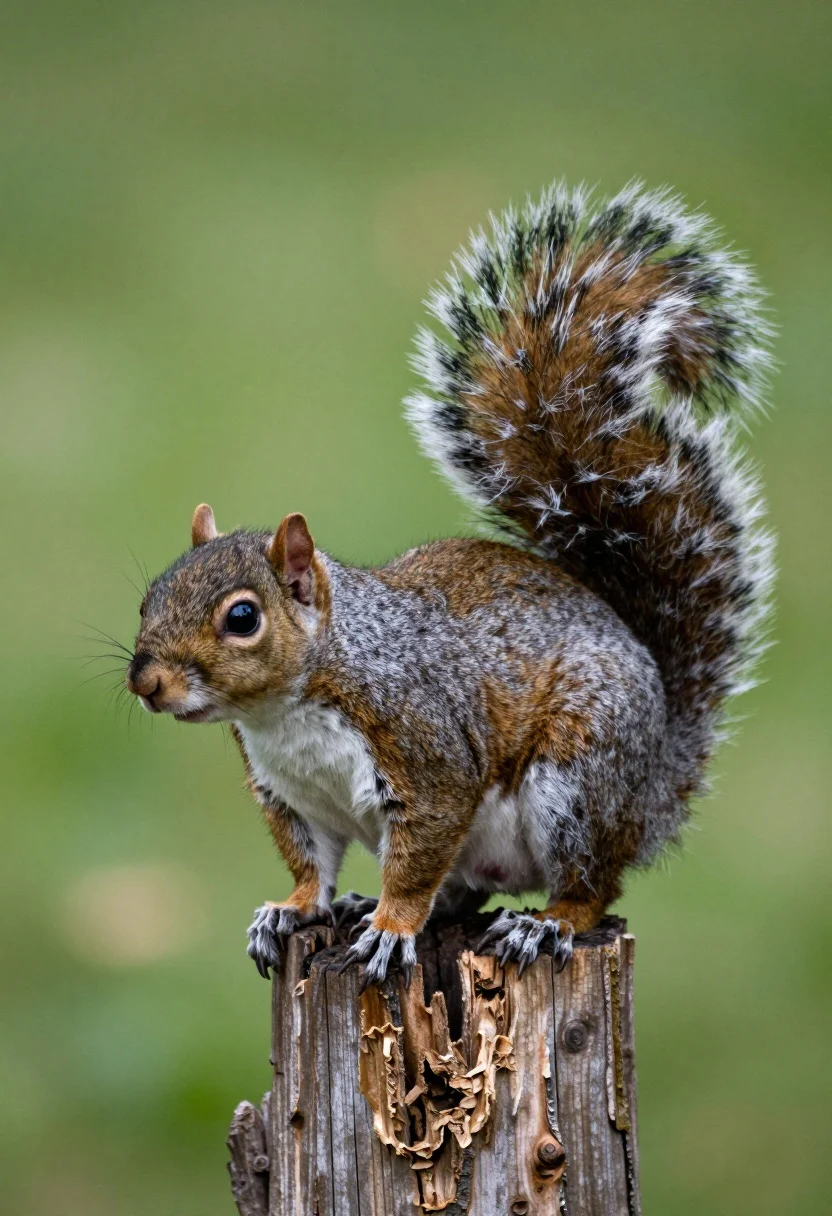Close up photograph of a grey squirrel on a wooden stump against - AI generated image prompt sample