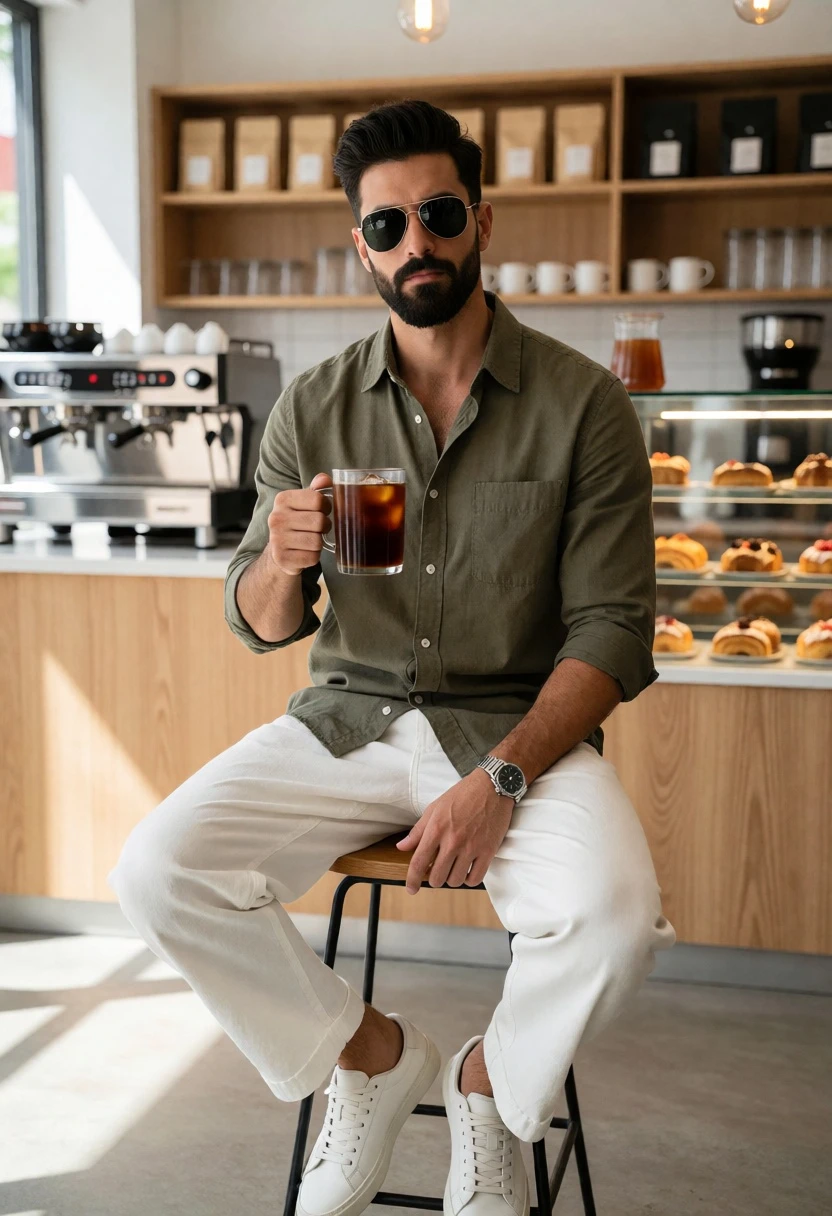 Man in olive shirt at modern cafe holding iced coffee drink - AI generated image prompt sample