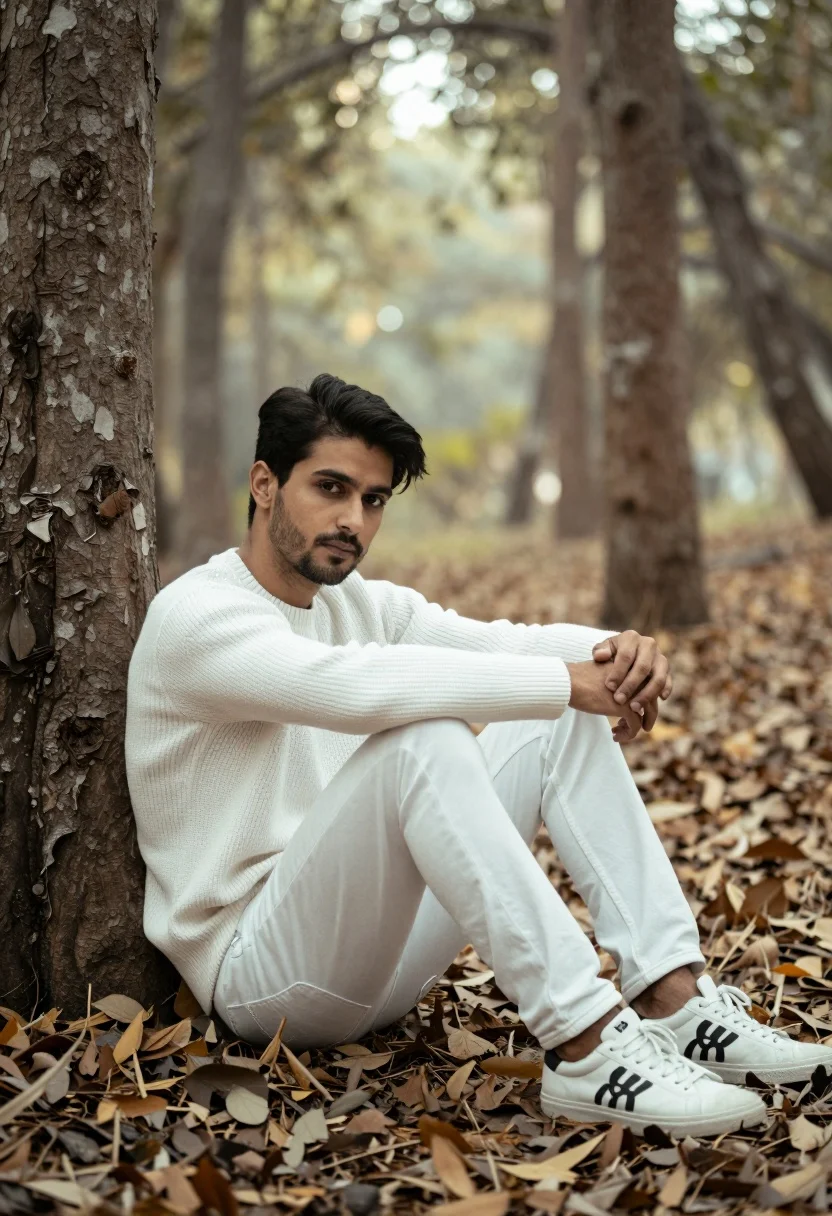 Man sitting against tree trunk in forest with soft sunlight filtering through - AI generated image prompt sample