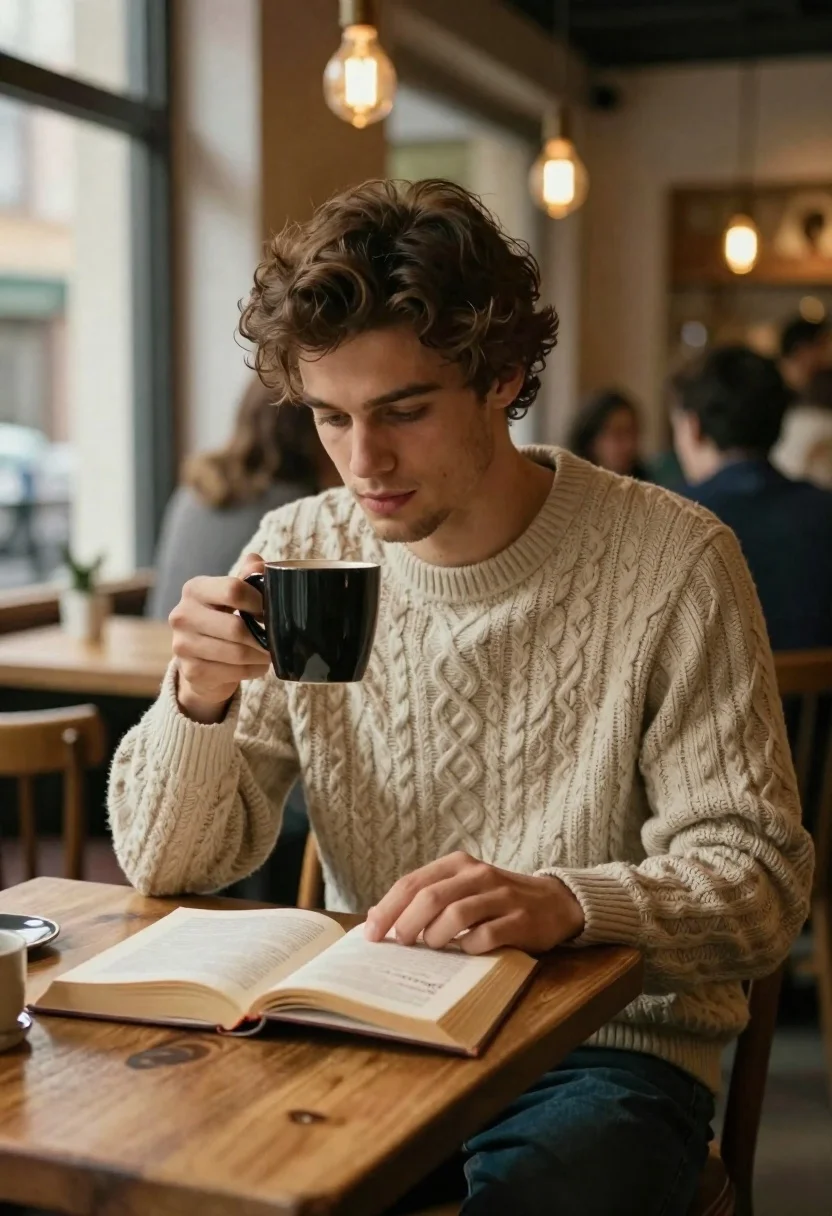 Young man reading book at wooden table in cozy cafe setting - AI generated image prompt sample