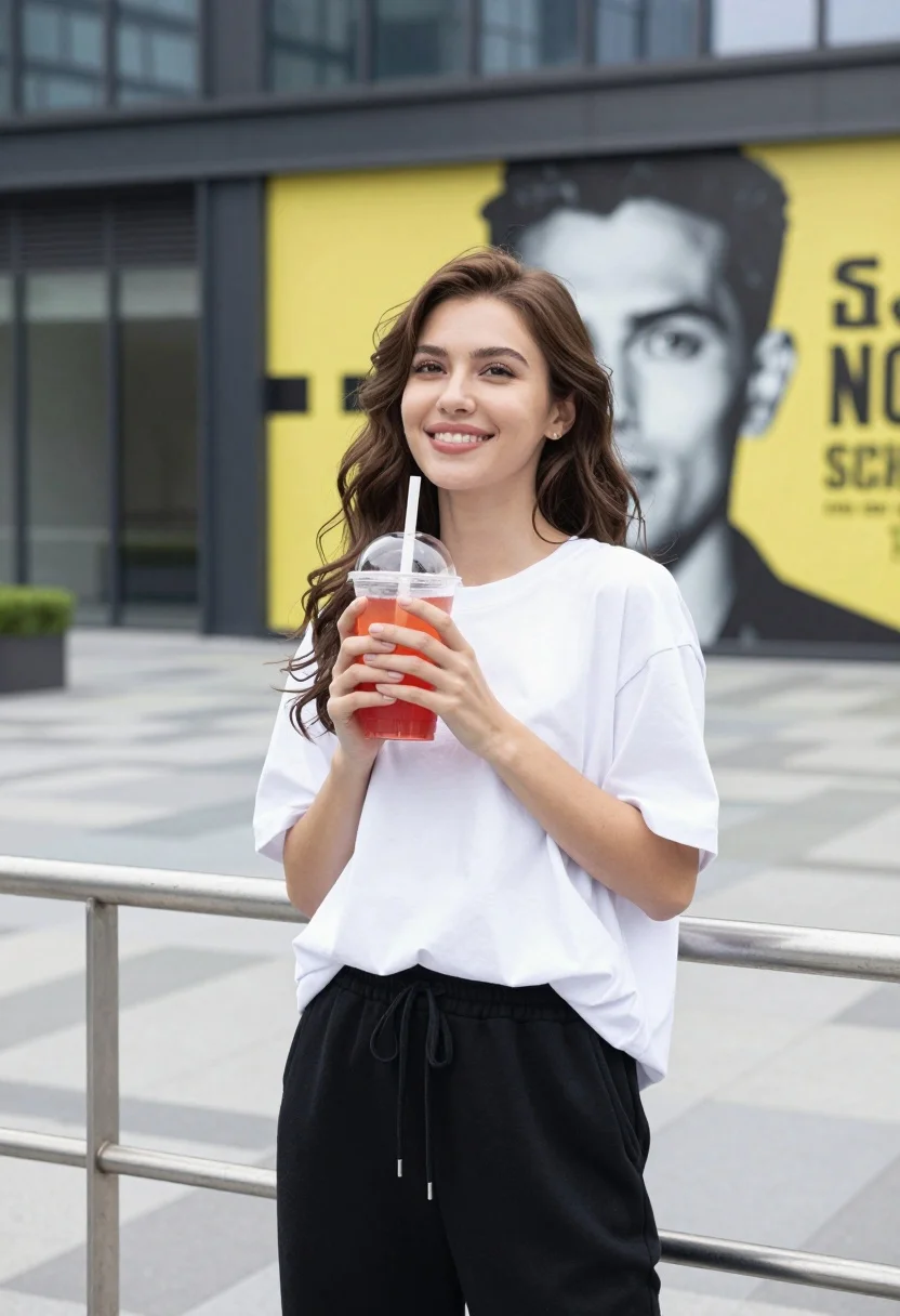 Smiling young woman holding drink in modern urban plaza setting - AI generated image prompt sample