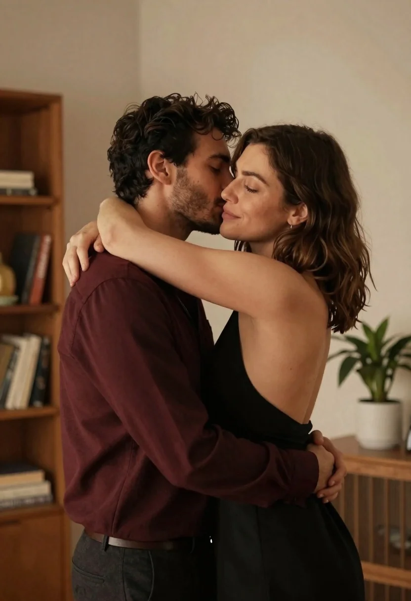 Romantic couple embracing intimately in a cozy indoor setting with warm lighting - AI generated image prompt sample