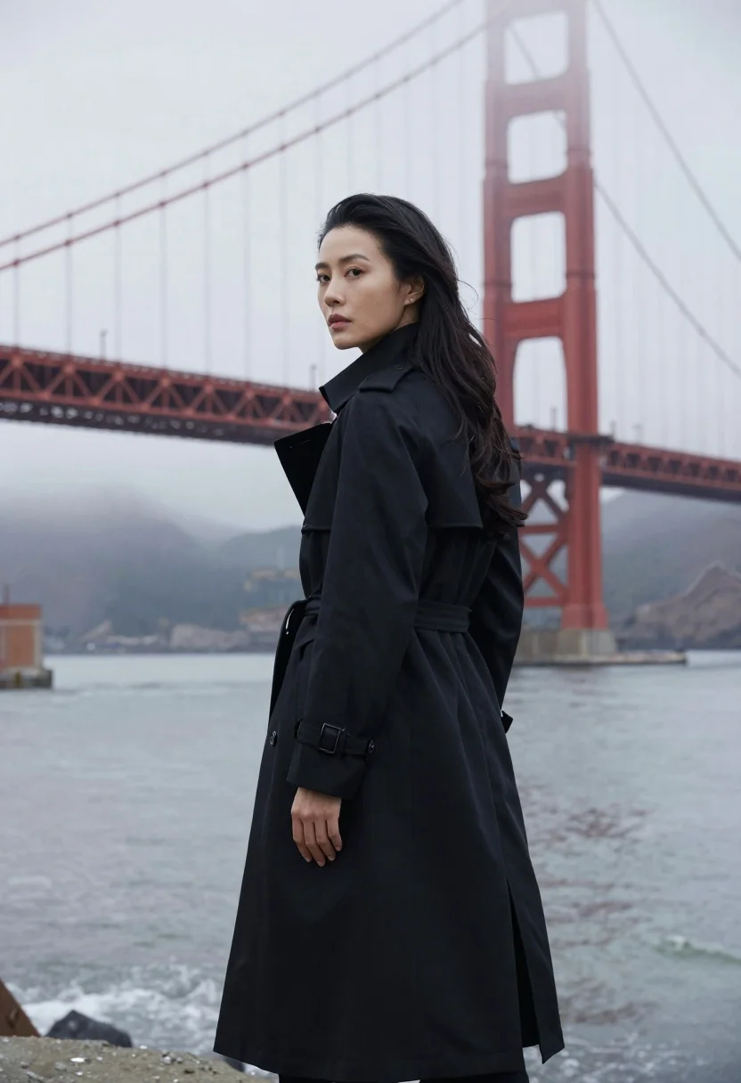 Woman in black trench coat stands in profile against foggy golden gate - AI generated image prompt sample