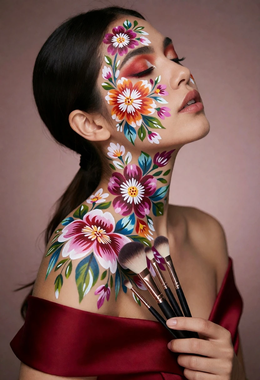 Woman with floral body paint holding brushes against a soft mauve backdrop - AI generated image prompt sample