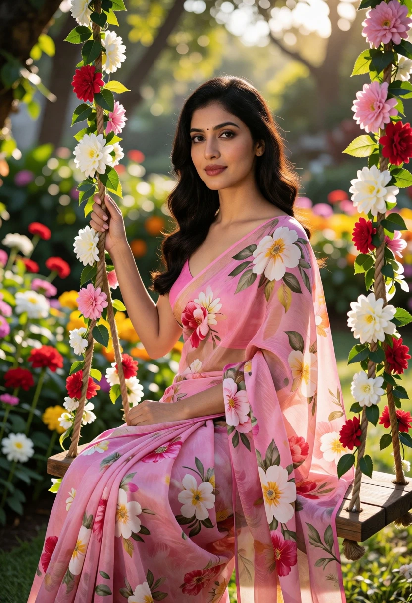 Woman in pink floral saree sitting on wooden swing in vibrant garden - AI generated image prompt sample