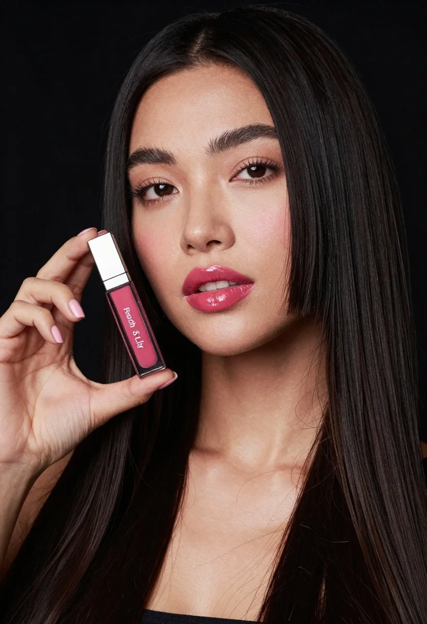 Woman holding lip gloss tube against black background in closeup - AI generated image prompt sample