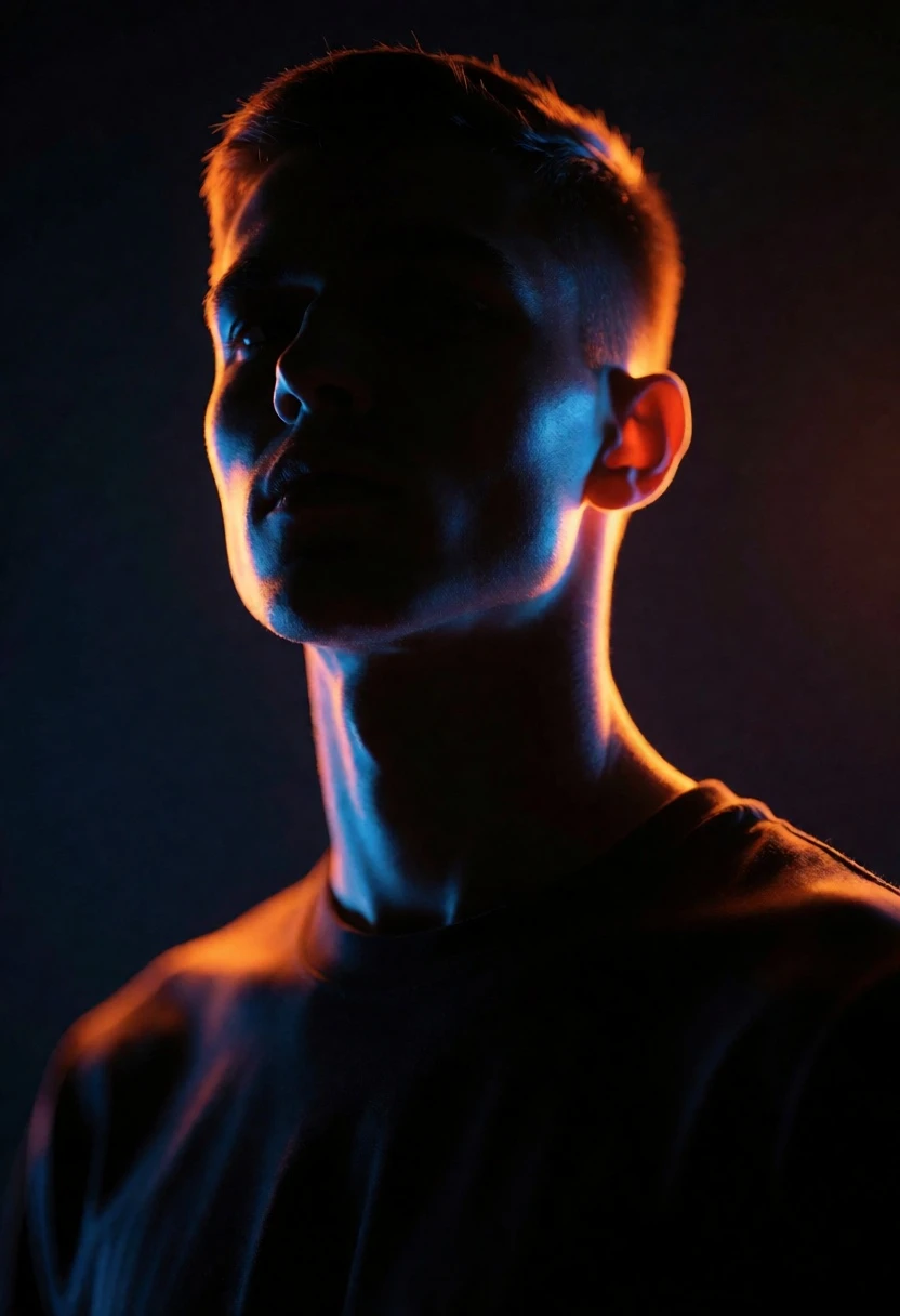 Dramatic portrait silhouette lit by contrasting orange and blue neon glow - AI generated image prompt sample