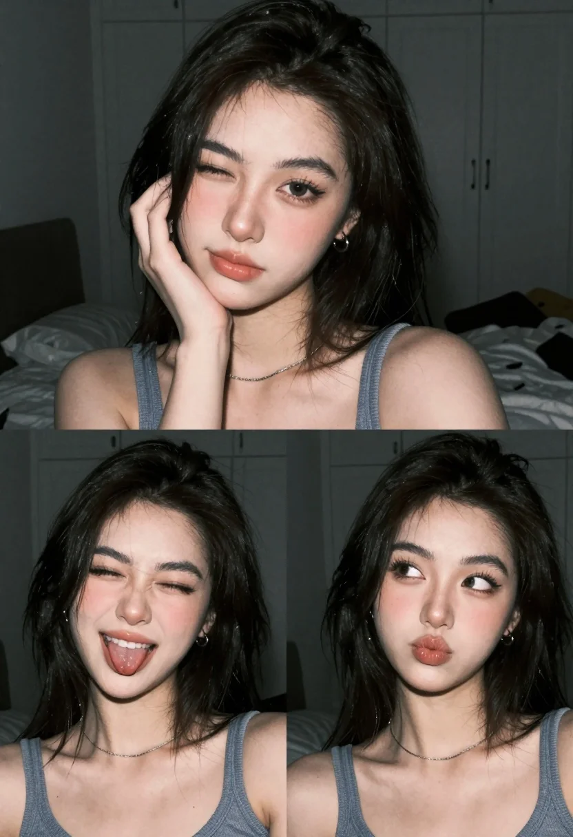 Collage of three close up portraits of young woman in dimly lit - AI generated image prompt sample