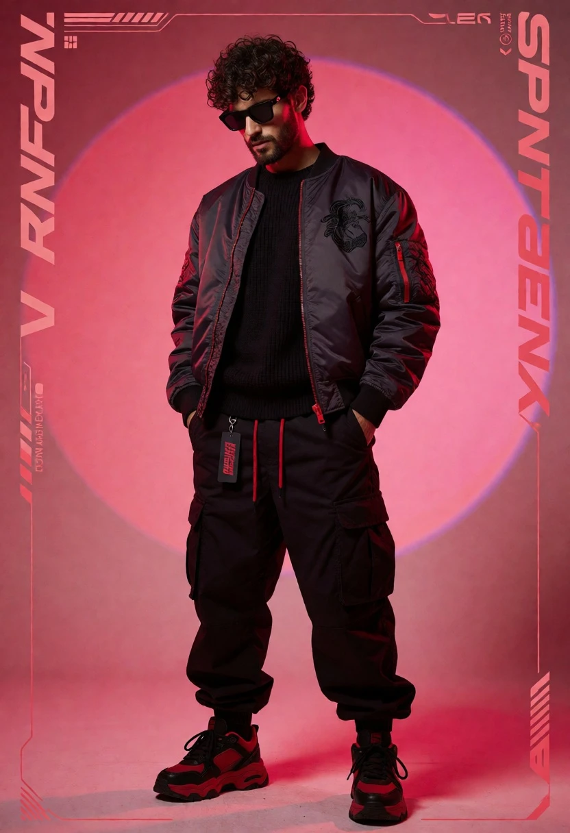 Full body portrait of man in bomber jacket against pink gradient backdrop - AI generated image prompt sample