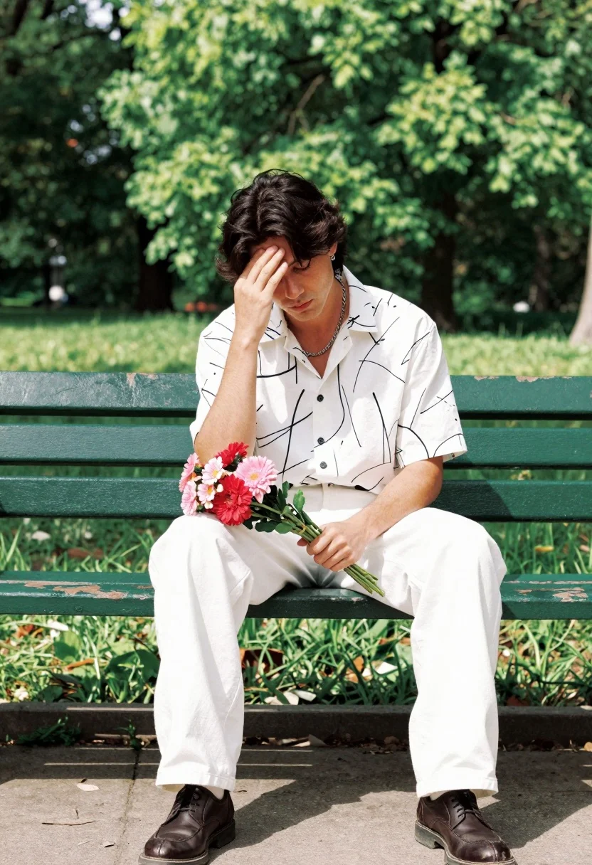 Man sitting on park bench holding flowers in pensive pose outdoors - AI generated image prompt sample
