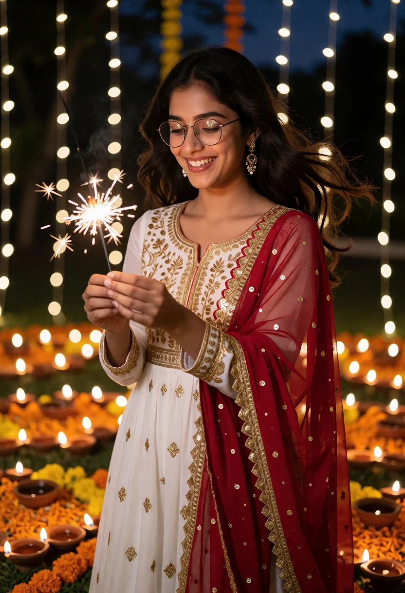 Young woman in traditional tunic dress holding sparkler amidst marigolds at night - AI generated image prompt sample
