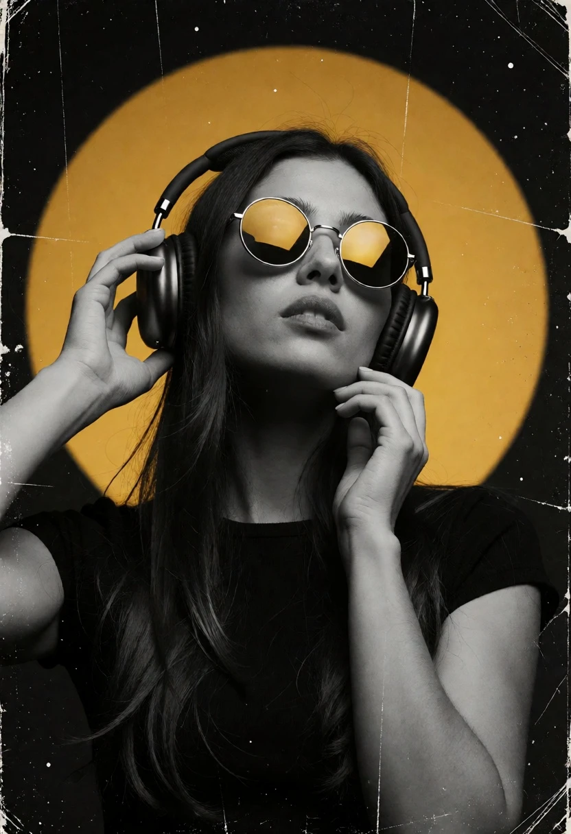 Young woman with headphones against black background featuring mustard yellow circle - AI generated image prompt sample