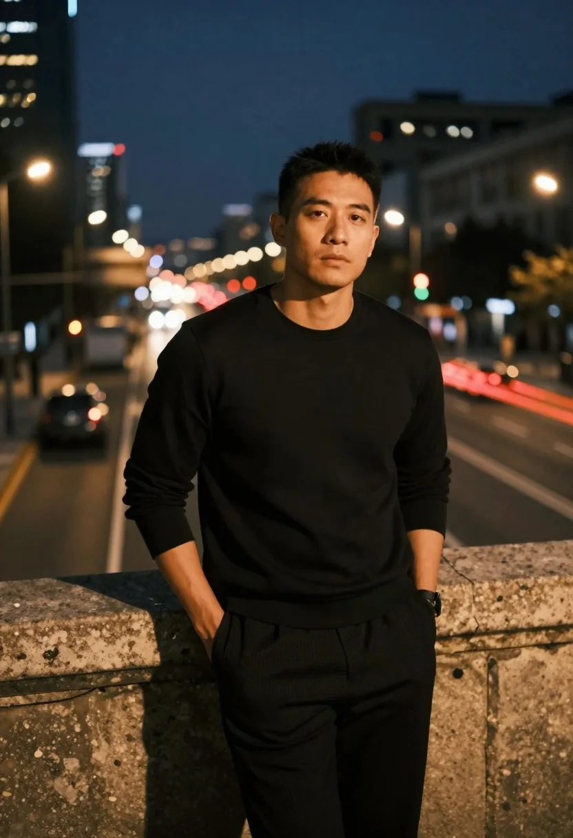 Man leaning on railing overlooking city highway at dusk