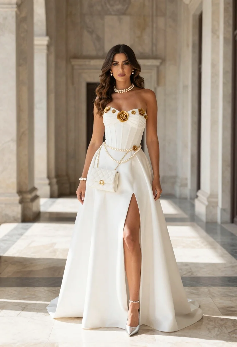 Elegant woman in white gown standing among marble columns in grand hall - AI generated image prompt sample